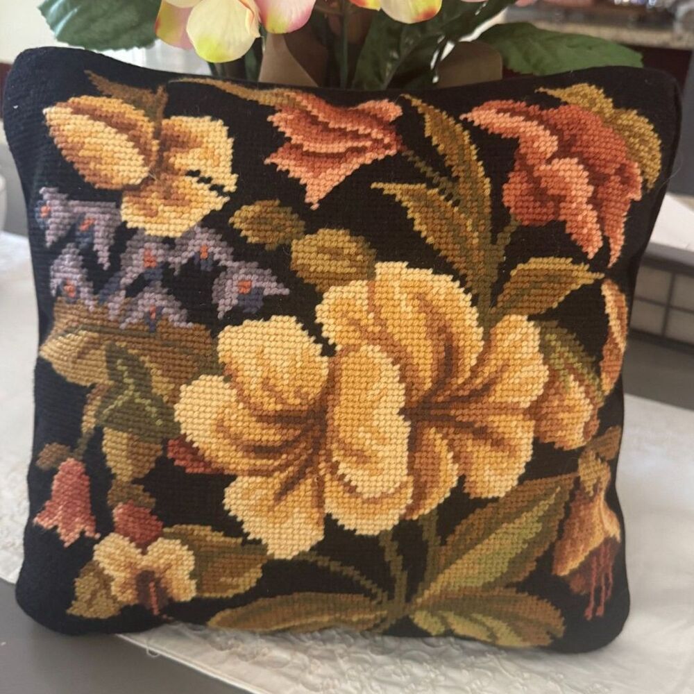 Vintage needlepoint pillow Black background 15" square cream flowers